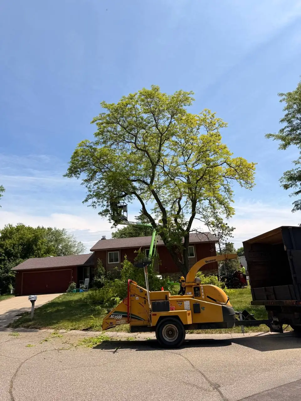 Tree service expert using a boom lift to safely cut down hazardous tree branches overhanging a residential home during an emergency response call.