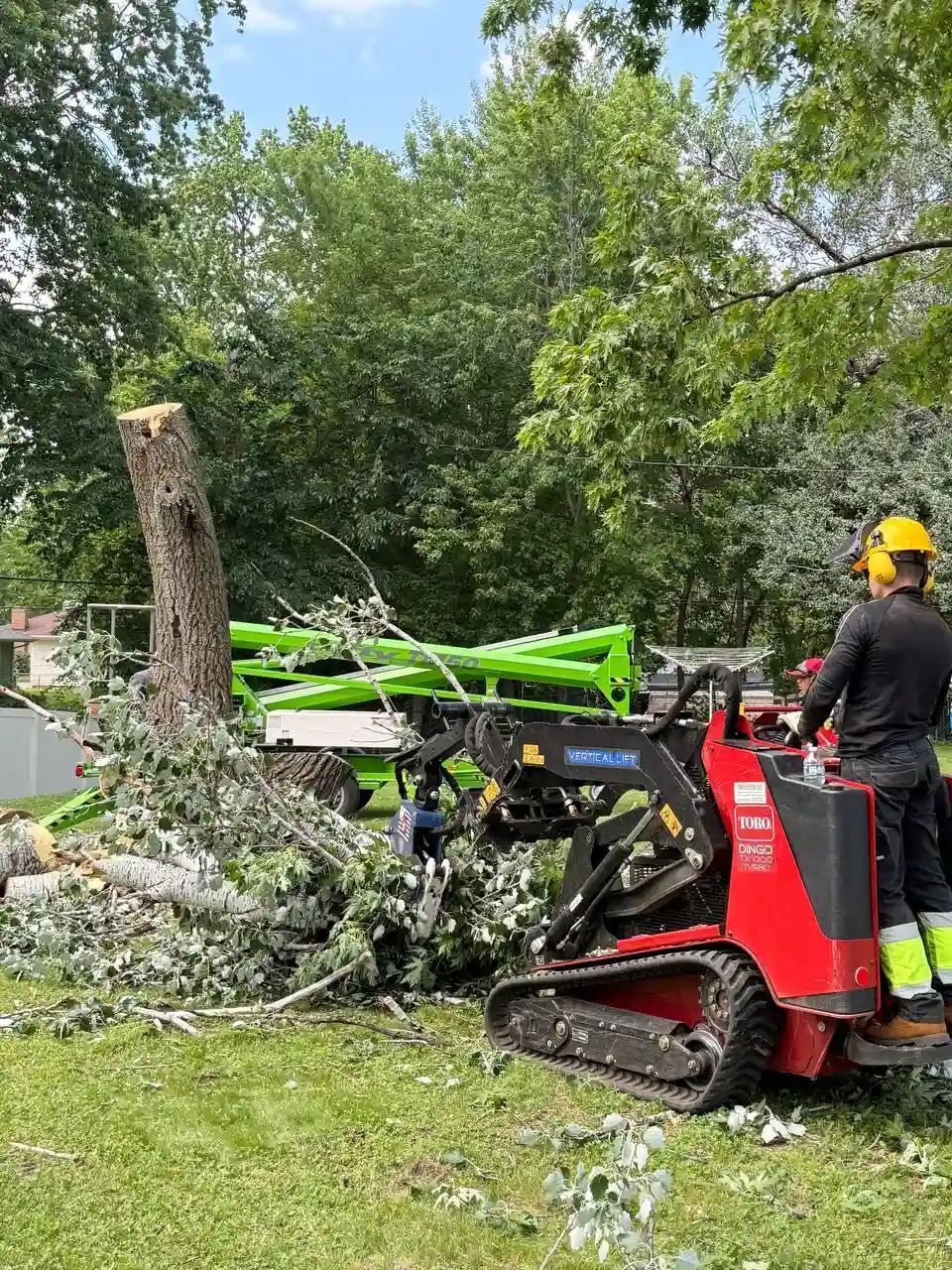 Emergency tree service crew using a compact track loader to rapidly clear fallen branches and heavy debris after a severe storm.