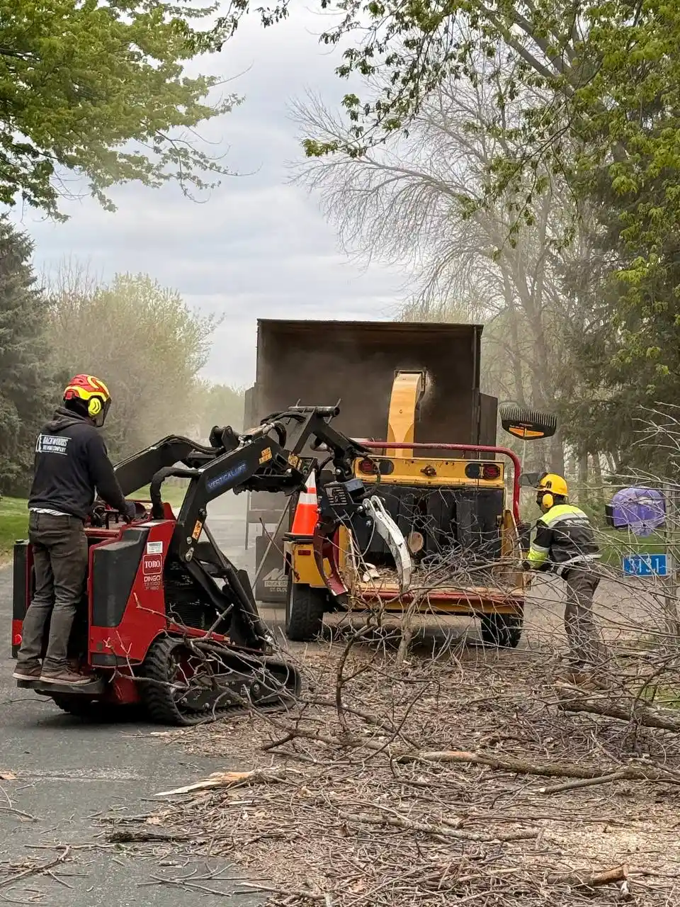 Tree service crew using a mini track loader to quickly feed massive piles of storm debris and heavy branches into a commercial wood chipper during an emergency cleanup.